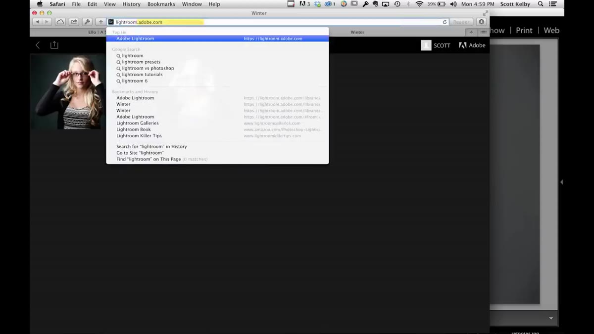 Browser open at lightroom.adobe.com showing synced gallery with Share button visible