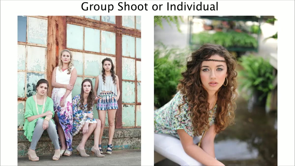 Presenter comparing group versus individual shoot formats