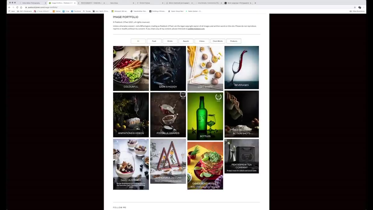 Portfolio broken into style categories: colorful, dark, moody, light and airy
