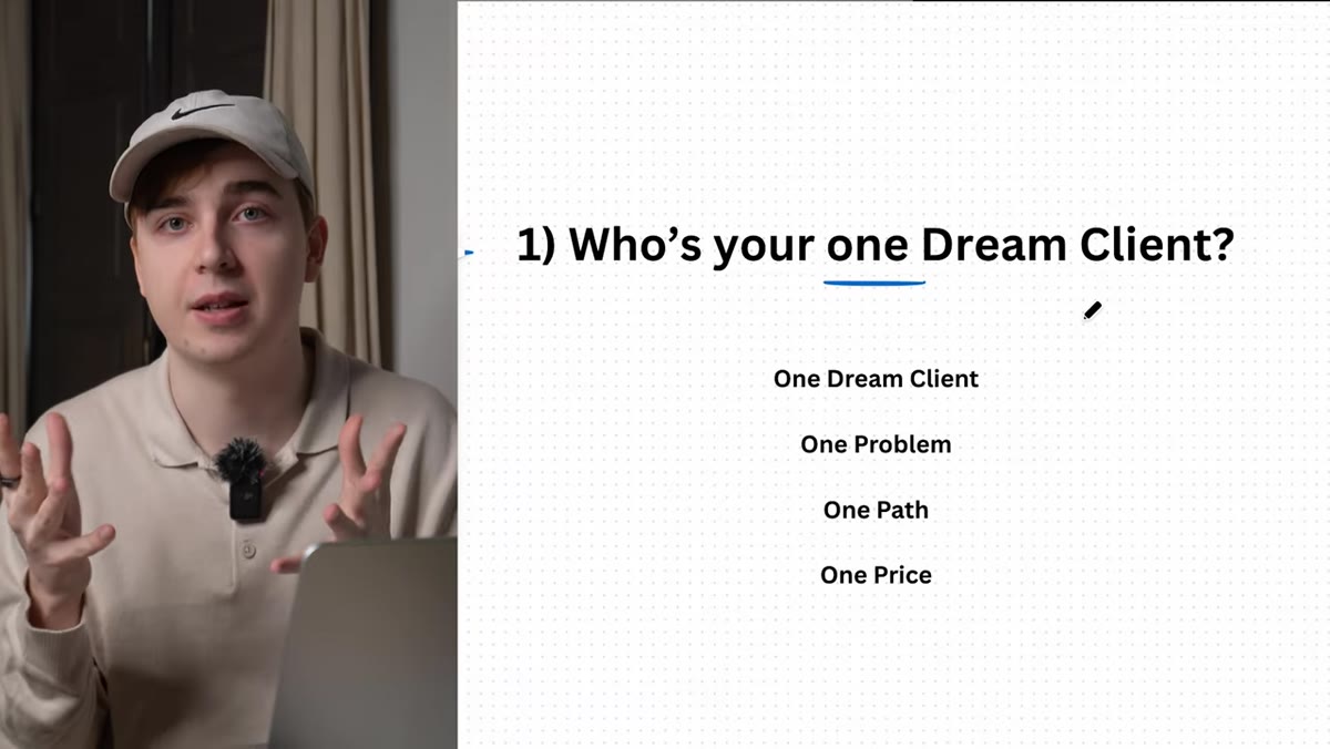 Presenter explaining &ldquo;one dream client&rdquo; concept on camera