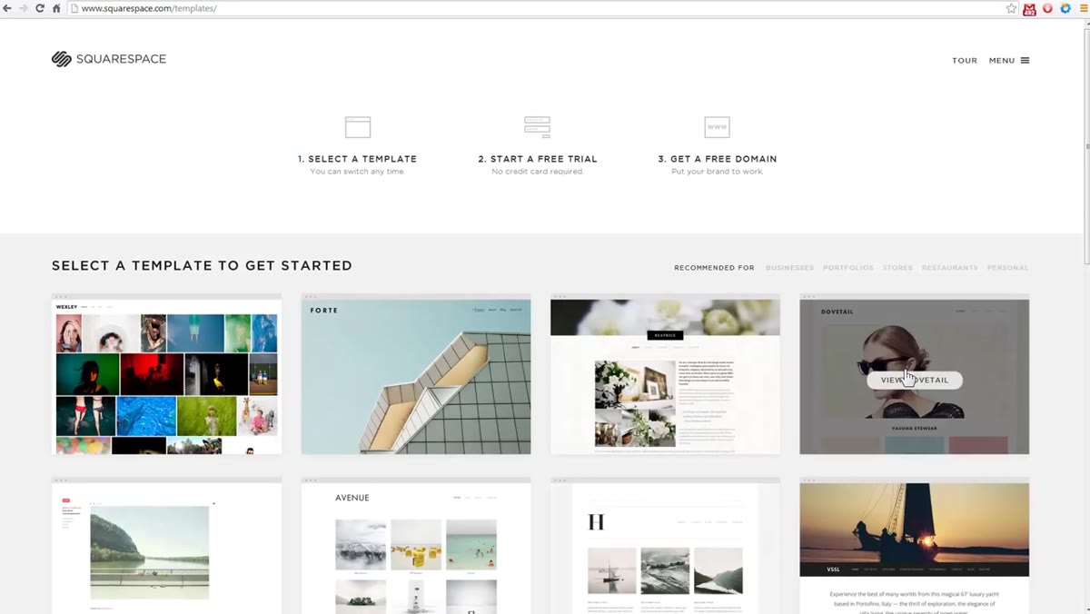 Squarespace template gallery filtered to portfolio category